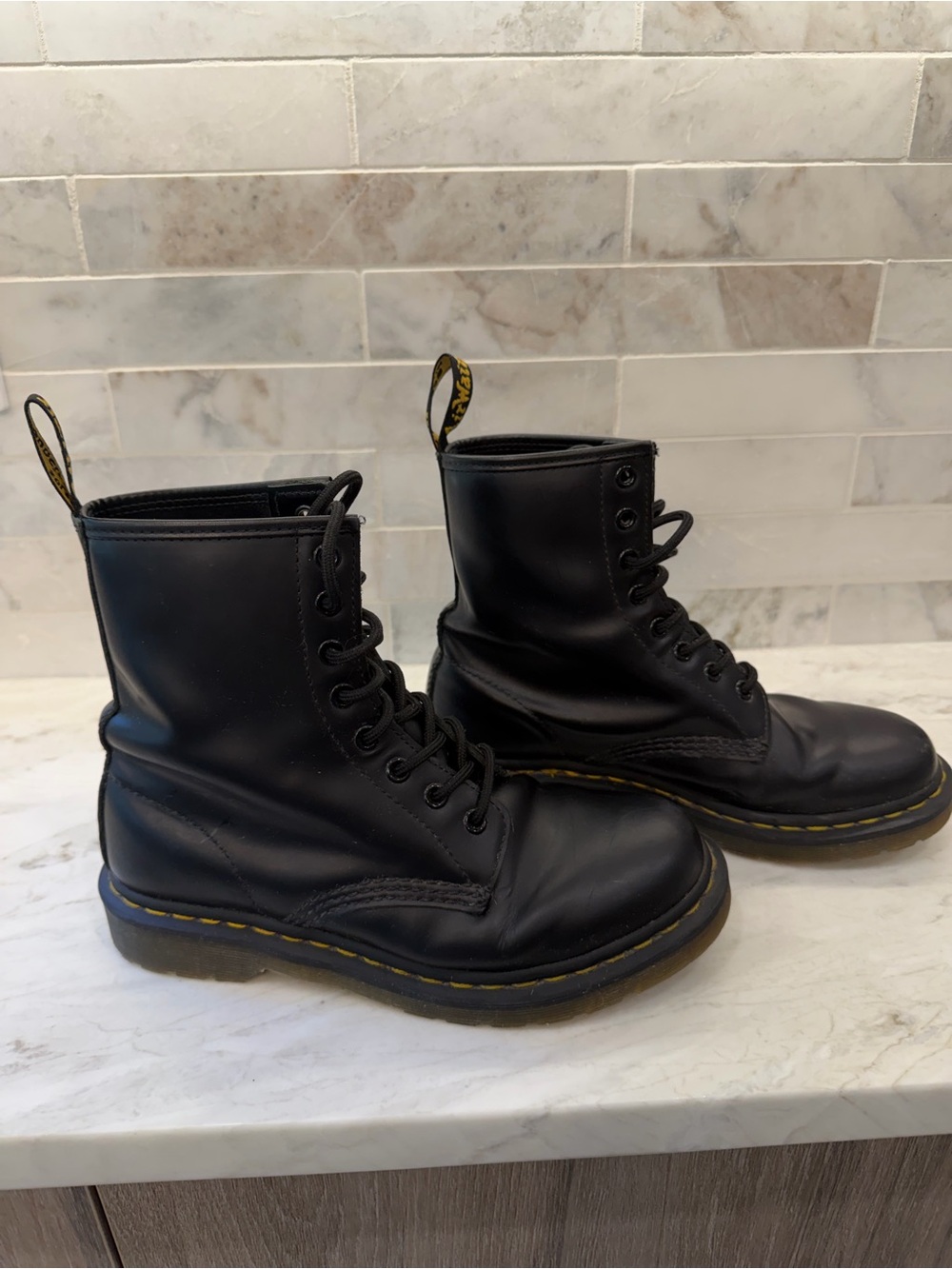 Dr. Martens Black Lace-Up Leather Combat Boots with Yellow Stitching - Picture 8 of 16